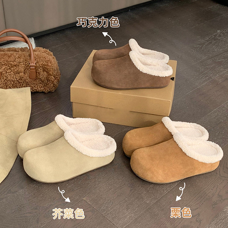 新款秋冬内增高6cm~保暖一脚蹬包头毛毛勃肯半拖厚底拖鞋女防滑