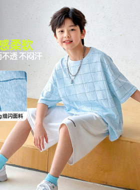 中大童男装一米二三四五六年级七八8九十岁小孩夏衣服格子短袖t恤