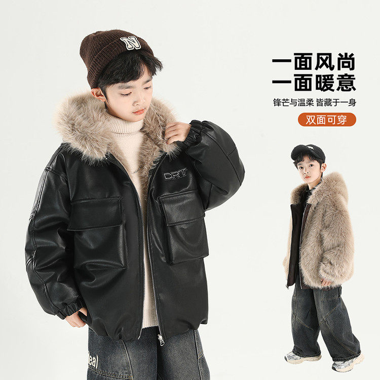 大童男装一米二三四五六年级七八九十岁小孩上加绒皮衣外套冬服厚