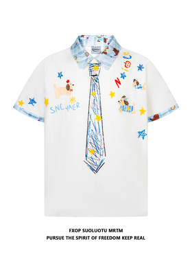 FXOP涂鸦小狗翻领拼接假两件短袖t恤女夏宽松韩版慵懒风半袖上衣