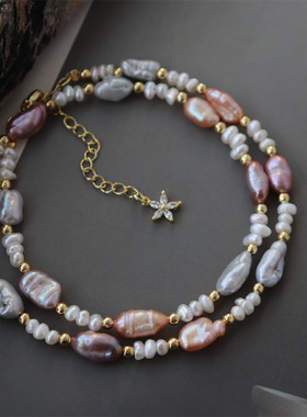 异形巴洛克彩色无核天然淡水珍珠项链轻奢饰品小众设计感锁骨链女