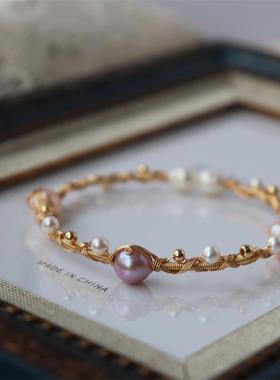 天然淡水小众珍珠手镯女生轻奢精致手链女款缠绕编织高级感手饰女