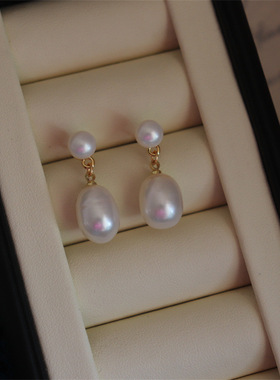 suu 设计款法式简约气质水滴型淡水珍珠耳环小众原创耳环