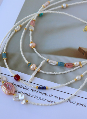 春日宴中古风进口瑞幸米珠彩色天然石淡水珍珠手工串珠锁骨项链