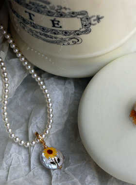 suu设计新款手绘油画向日葵淡水珍珠万能扣吊坠简约名媛气质项链