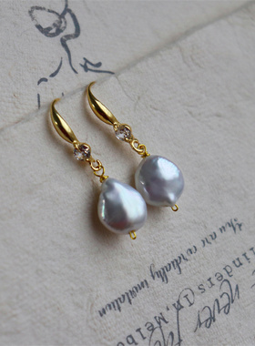 suu 设计款 简约气质银蓝色强光纽扣珍珠耳环