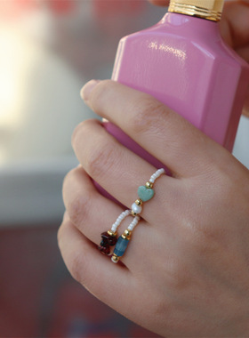 新中式复古弹力青金石戒指天河石星星淡水珍珠个性潮流批发女