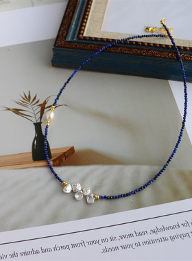 设计款简约天然青金石孔雀石淡水花瓣珍珠项链极细叠戴锁骨链项链