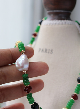 原创新俄式复古宫廷风中古翡翠色天然石玛瑙大巴淡水珍珠旗袍