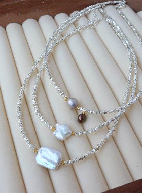 新款港风碎银子搭配天然淡水珍珠项链轻奢小众珍珠项链锁骨链女