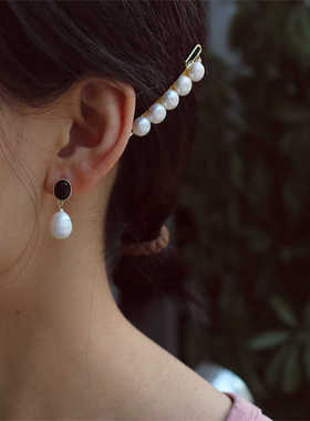 Buhai同款黑玛瑙水滴淡水珍珠耳环简约款设计师款气质耳环925银