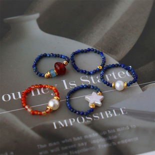 新款中式复古弹力青金石珍珠戒指天然星星珍珠玛瑙个性潮流批发