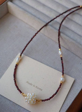 天然石榴石珍珠球项链串珠新中式小众设计轻奢配饰项链锁骨链女