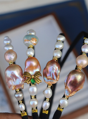 原创 宫廷风在逃公主系列手工绑线天然紫色大巴洛克淡水珍珠发箍