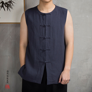 春夏新款风男装无袖盘扣棉麻背心马褂t221p60图片