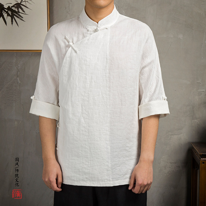 风男装亚麻男士七分袖男士唐装T恤T203P80,男装T恤,钱塘802