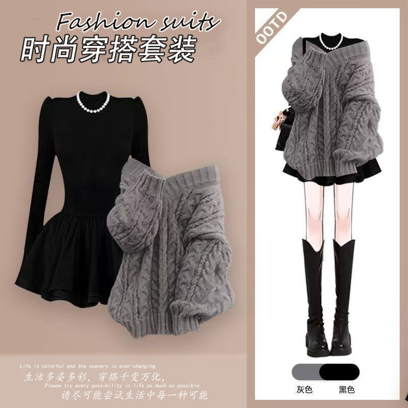 秋冬新款学生学院风穿搭针织麻花v领蓝色套头黑色连衣裙冬装少女