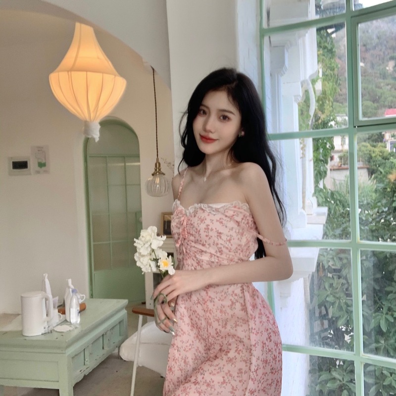 Real price floral dress with white and thin suspender