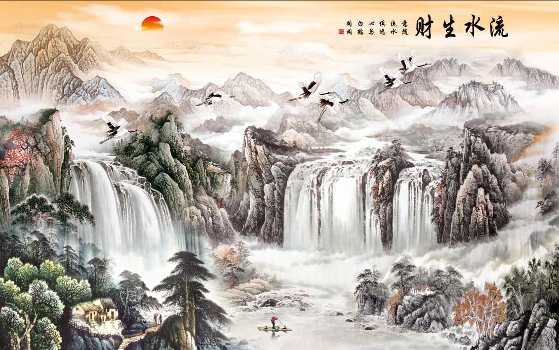 自然山水画流水生财富水流长海报制作客厅玄关背景墙贴画墙画5885