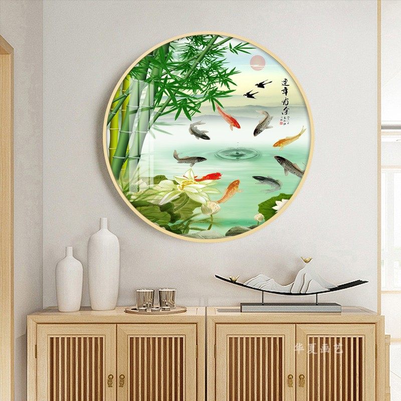竹子荷花挂画新中式圆形招财玄关装饰画竹报平安客厅过道走廊壁画
