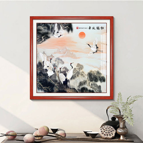 客厅玄关新中式松鹤延年镇宅挂画