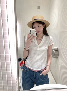 温柔肌理格纹V领木耳边短袖小衫修身显瘦短款透气百搭纯欲上衣女