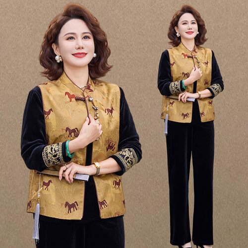 妈妈装国风立领马甲三件套女2026新款中老年人春秋装洋气减龄套装
