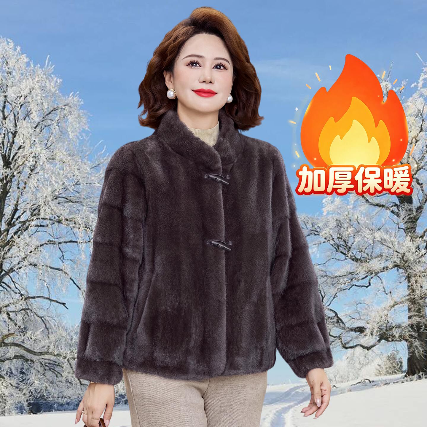 小个子妈妈冬装水貂绒皮草外套女2026新款中老年皮毛一体大衣短款