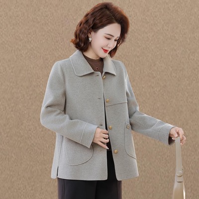 中年妈妈秋装双面呢大衣中老年春秋款毛呢外套洋气上衣女2025新款