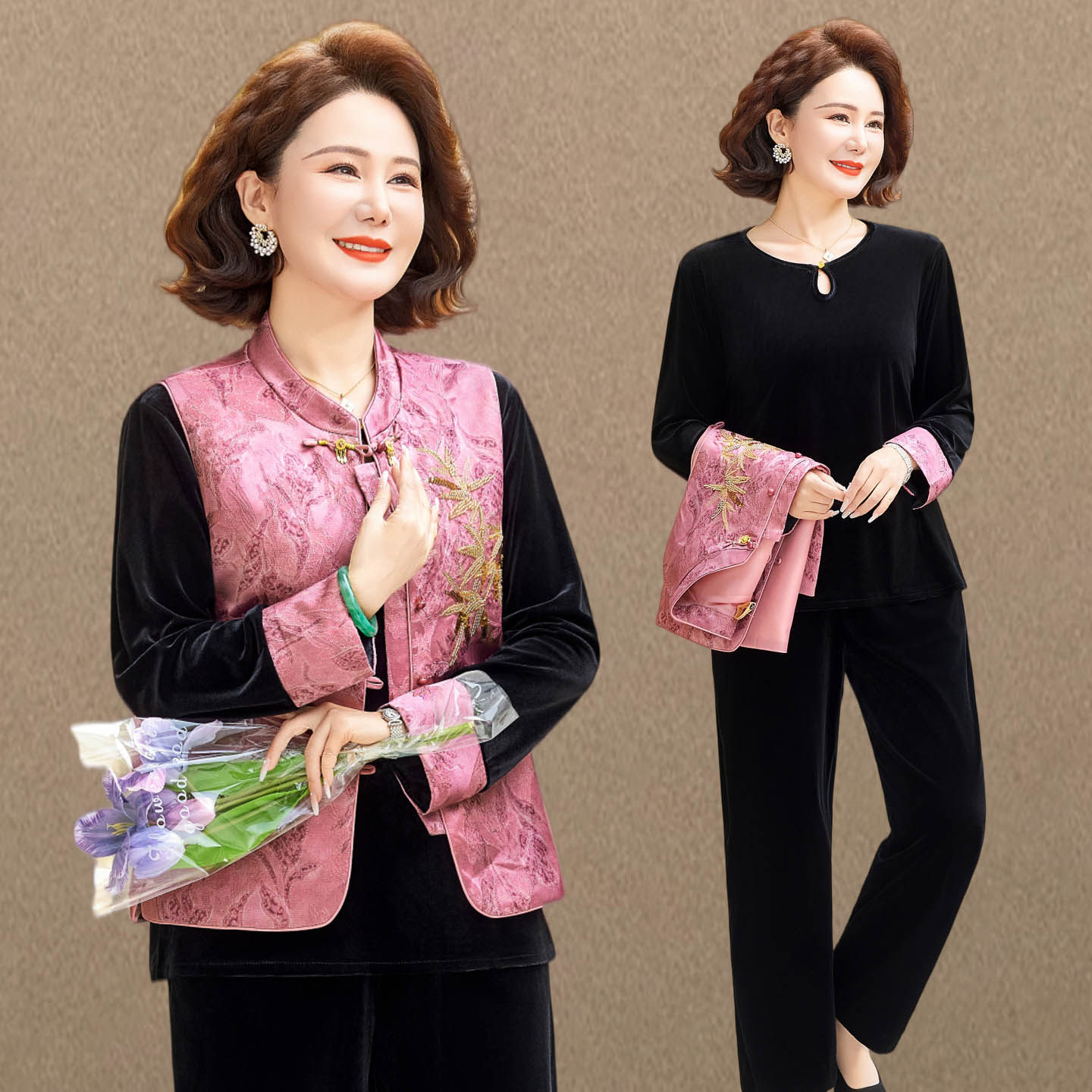 新中式风妈妈春装气质马甲三件套2026新款中老年女装金丝绒套装