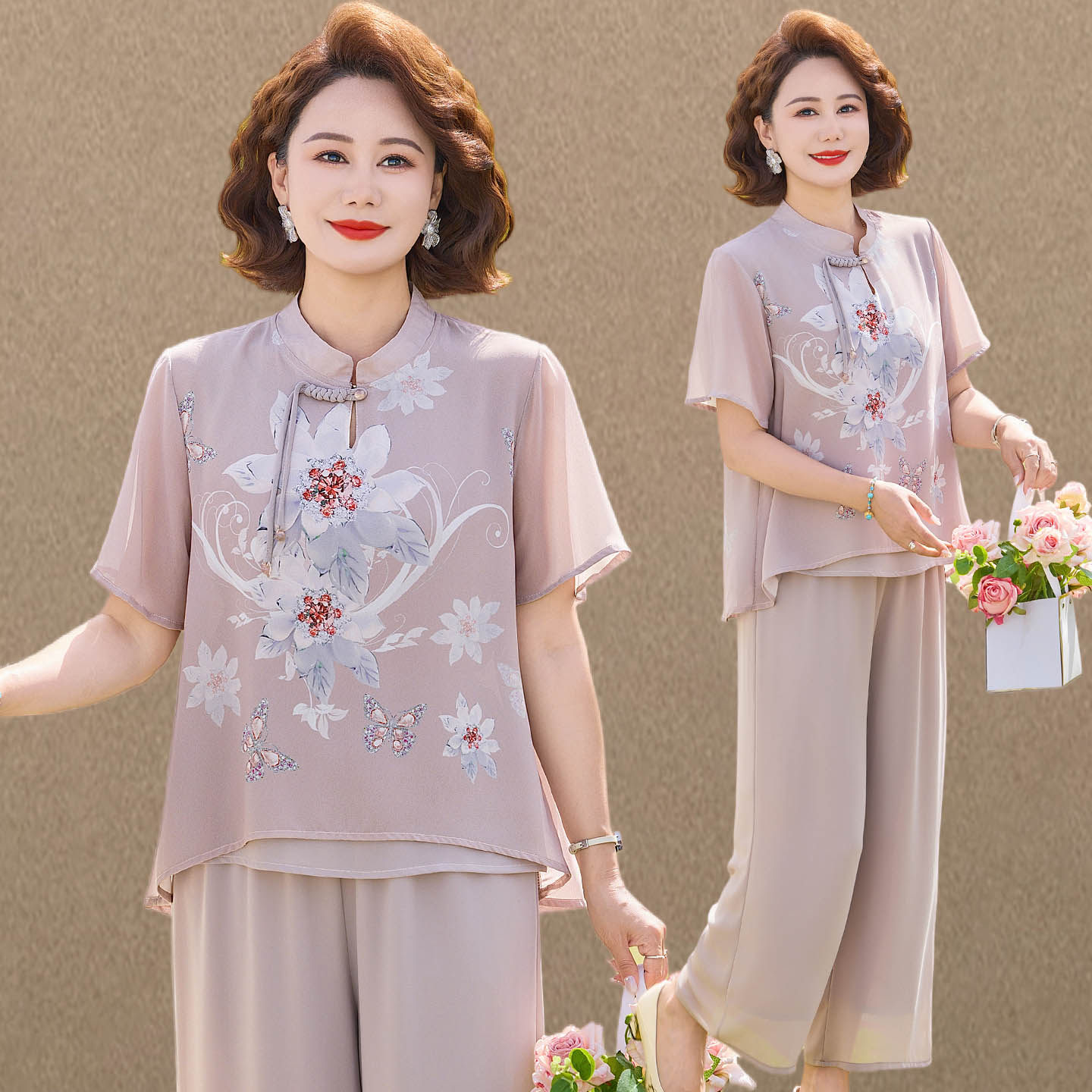 新中式妈妈装夏季雪纺短袖两件套2026新款中老年女装洋气大码套装