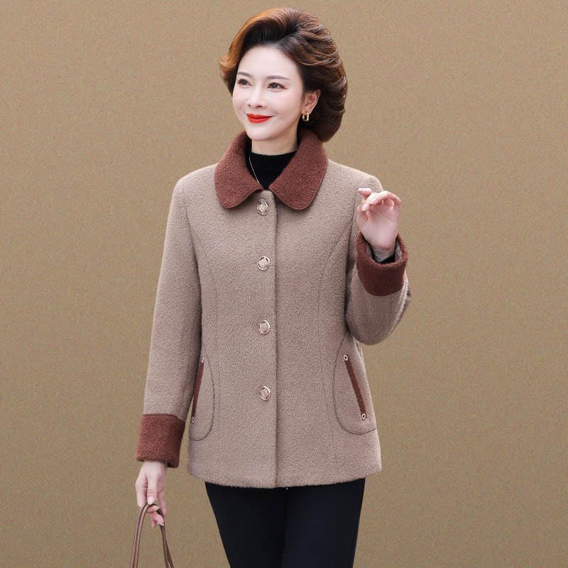 妈妈秋装水貂绒外套短款小个子老年人秋冬款加绒毛呢子上衣女新款