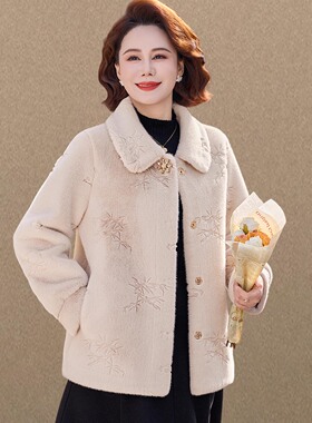 妈妈秋冬款水貂绒毛呢外套女2025新款老年人洋气皮毛一体大衣短款