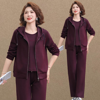 妈妈春装运动服套装2026新款中老年女连帽卫衣外套三件套洋气减龄