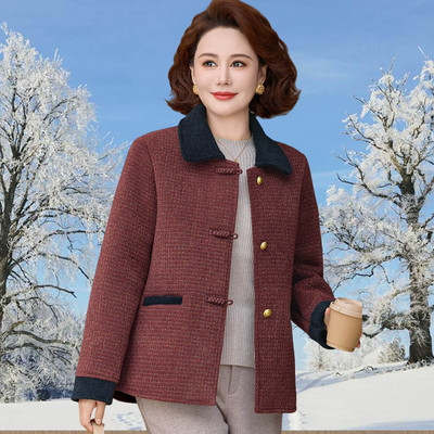妈妈秋冬装加绒加厚毛呢外套2025新款中老年人洋气呢子大衣女短款