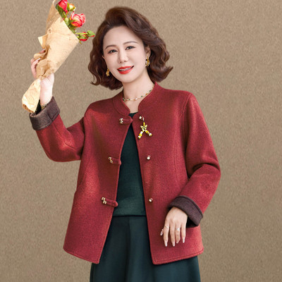 妈妈春秋装新中式立领盘扣毛呢外套中老年女装气质洋气双面呢上衣