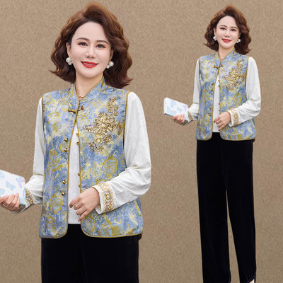 时尚新中式风马甲套装女2026新款中老年妈妈装气质国风三件套减龄