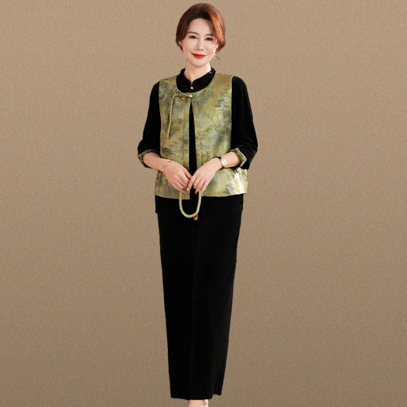 新中式妈妈春装套装中老年国风马甲外套洋气春秋金丝绒衬衫上衣女