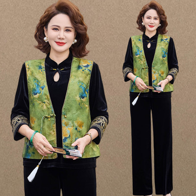 妈妈春装套装女2026新款中老年春秋款国风新中式马甲金丝绒三件套