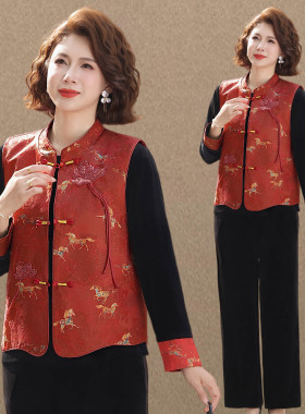 新中式国风妈妈春装金丝绒套装女中老年马甲三件套洋气显瘦打底衫