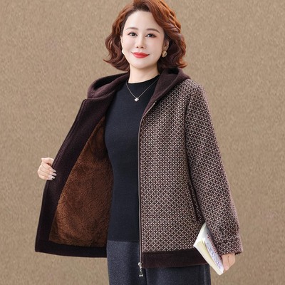 妈妈秋冬装加绒加厚外套2025新款洋气中老年人时尚遮肚毛呢大衣女