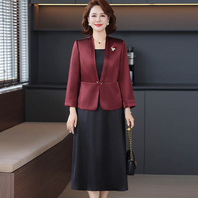 妈妈气质连衣裙西服套装时尚中老年女春秋款喜婆婆裙子婚宴装礼服