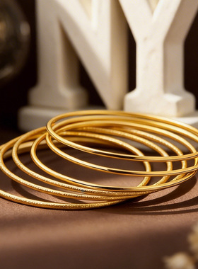 跨境高级感波西米亚风复古极细素圈线圈叠戴手镯沙金光面磨砂手环