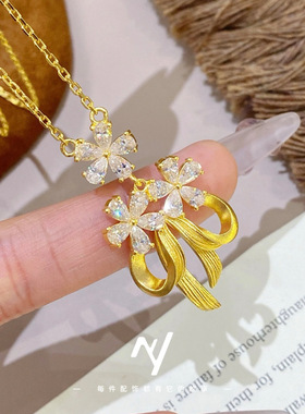 2026新款轻奢小众高级感镶钻锆石拉丝蝴蝶结吊坠锁骨链送女友批发