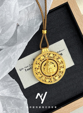 新中式设计感古法金黄财神旋转八宝罗盘沙金吊坠项链毛衣链情侣款