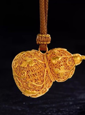 新中式民族风古法金镂空花丝葫芦吊坠 沙金藤蔓爬藤葫芦编绳项链
