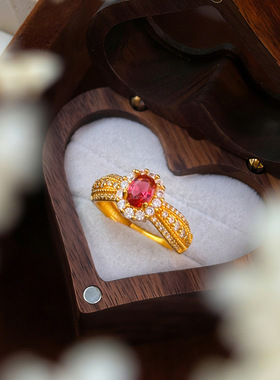 越南沙金轻奢高级感复古微镶红钻红金织梦古法金活口戒指女戒批发