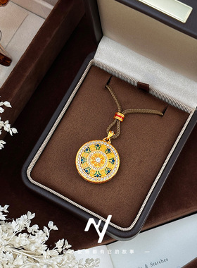 新中式国风沙金微镶珐琅彩国韵青花瓷圆盘吊坠毛衣链长款项链批发