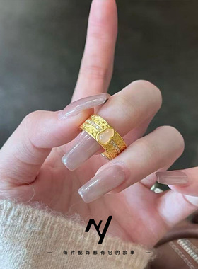 越南沙金新中式腰缠万贯点钻玉石白葫芦活口编织纹戒指送闺蜜礼物