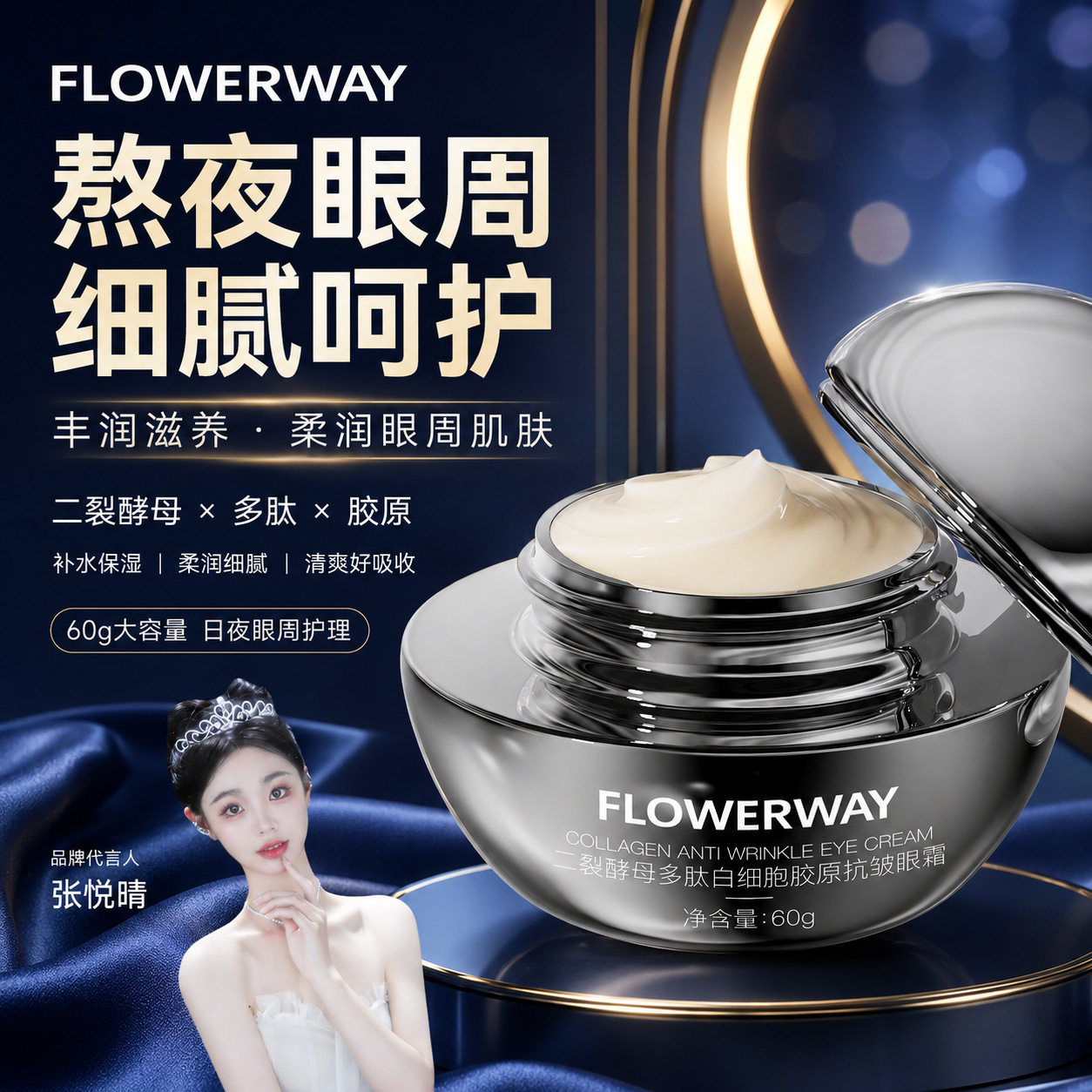 FLOWERWAY二裂酵母千肽白细胞胶原抗皱眼霜补水保湿清爽滋润